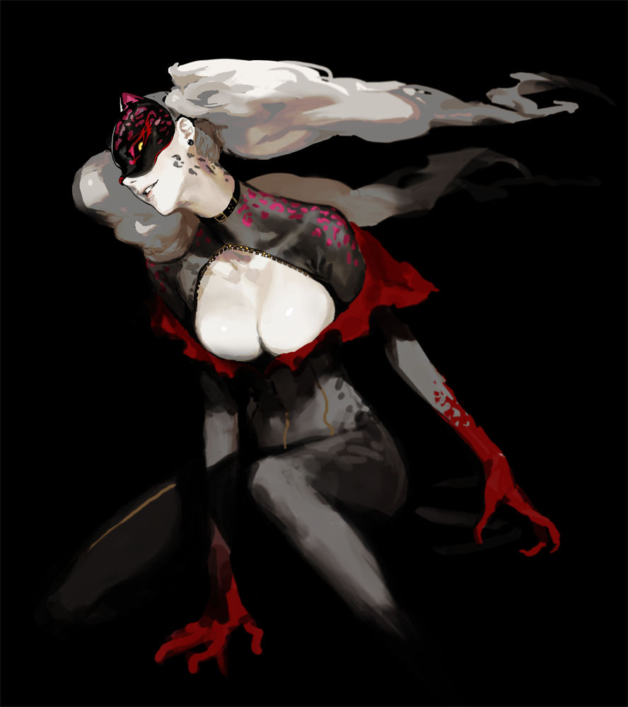 1girl, belt_collar, black_background, black_bodysuit, blood, bloody_hands, bodysuit, breasts