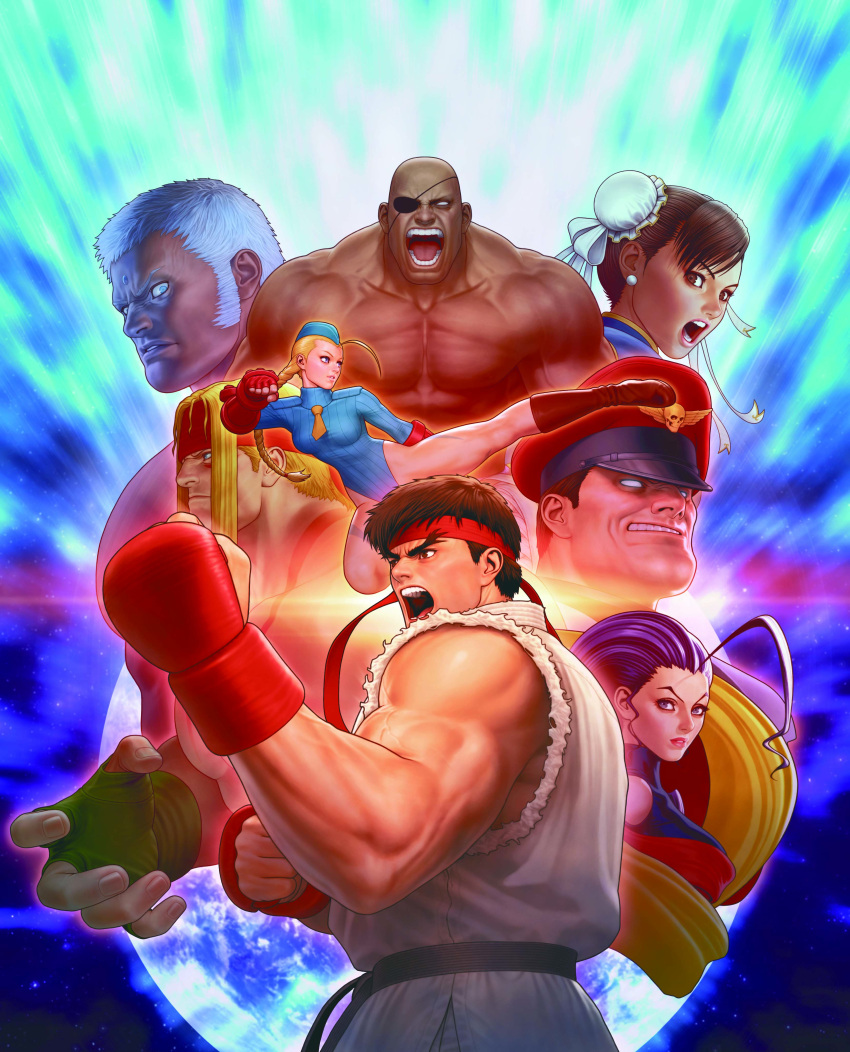 3girls, 5boys, absurdres, ahoge, alex_(street_fighter), bald, blonde_hair, blue_leotard