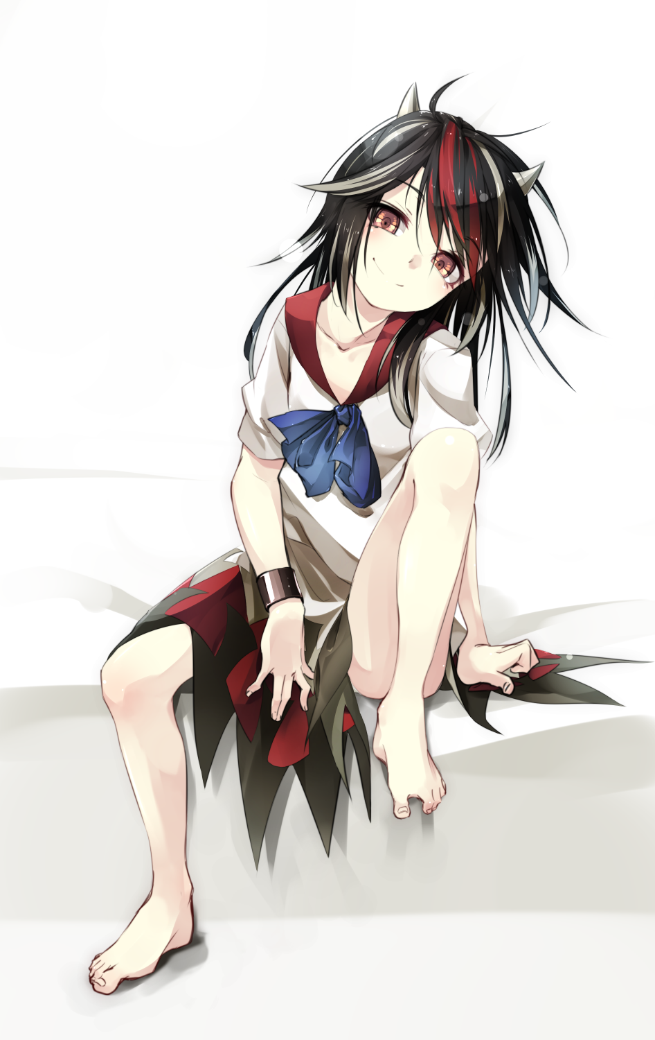 1girl, black_hair, black_skirt, full_body, gorilla_(bun0615), highres, horns, kijin_seija, knee_up, red_eyes, redhead, sitting, skir, skirt, smile, solo, touhou, wristband