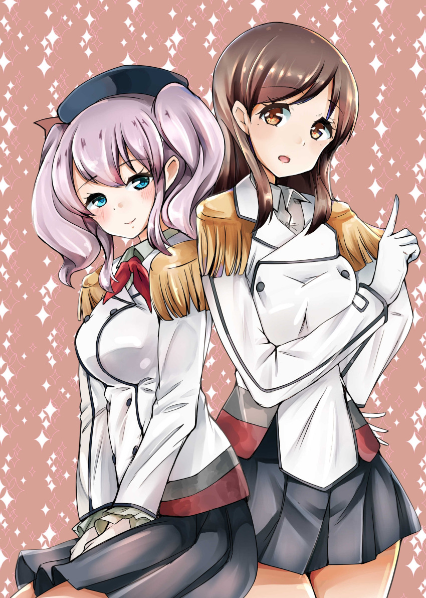 2girls, :o, absurdres, alternate_costume, alternate_hair_color, beret, between_legs, black_miniskirt
