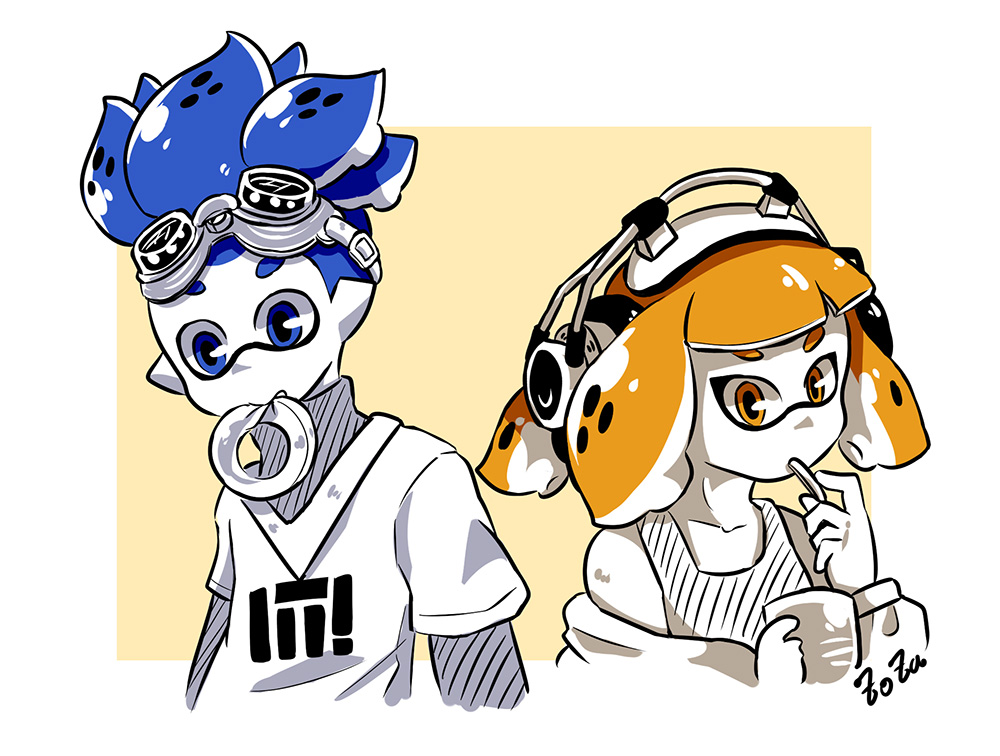 1boy, 1girl, alternate_hairstyle, artist_name, bangs, blue_eyes, blue_hair, blunt_bangs