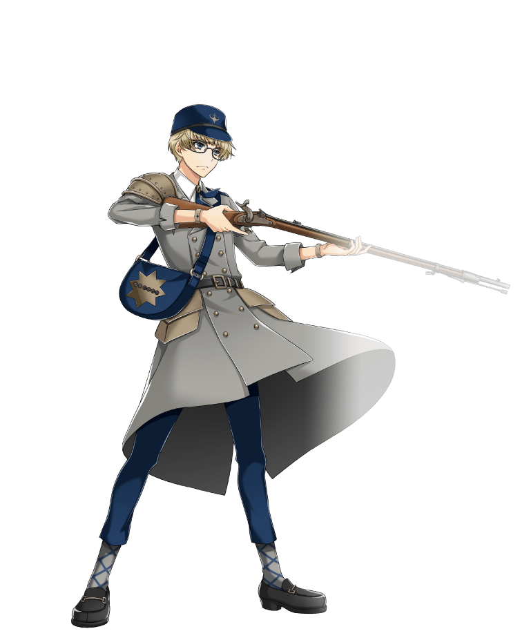 1boy, antique_firearm, argyle, armor, bangs, belt, blonde_hair, blue_eyes, blunt_bangs, bracelet, buttons, double-breasted, firearm, full_body, glasses, gun, hat, holding, holding_gun, holding_weapon, jewelry, kinoshita_sakura, long_coat, lorentz_(senjuushi), male_focus, military, military_hat, military_uniform, official_art, rifle, senjuushi:_the_thousand_noble_musketeers, short_hair, shoulder_armor, solo, tachi-e, transparent_background, uniform, weapon