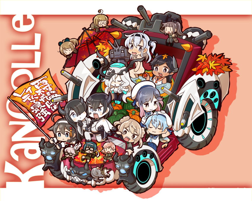 6+girls, :d, ahoge, black_eyes, black_hair, black_headband, blue_eyes, blue_neckwear