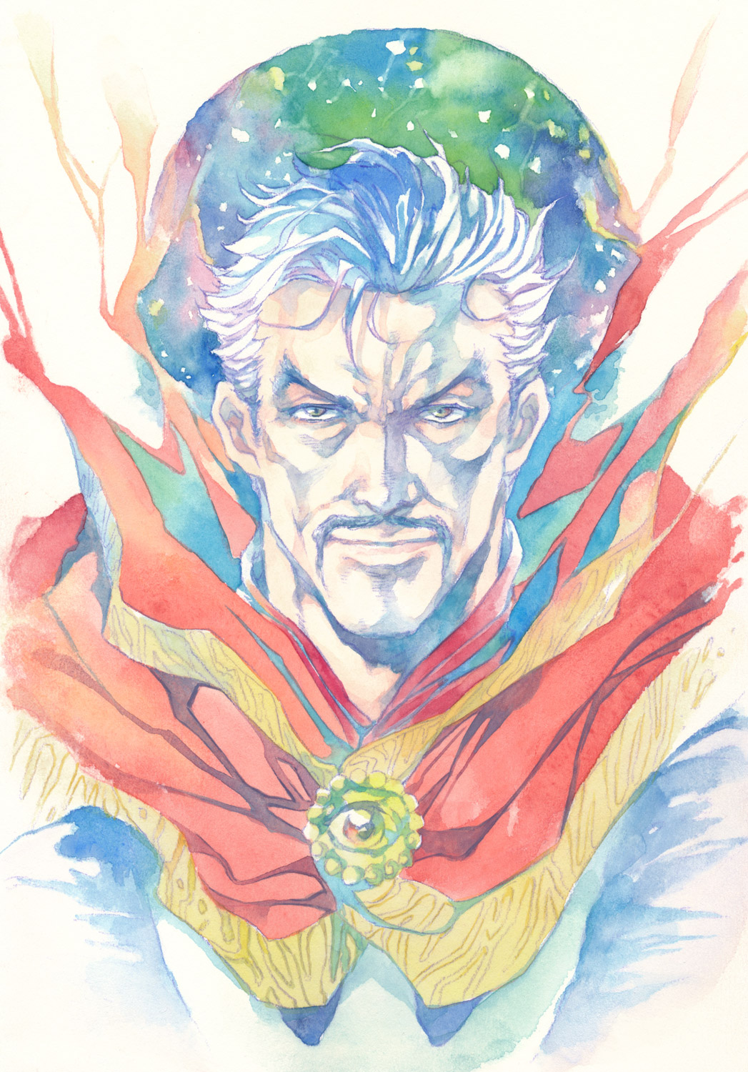 1boy, agahari, brown_eyes, calligraphy_brush_(medium), cape, closed_mouth, colored_pencil_(medium), doctor_strange
