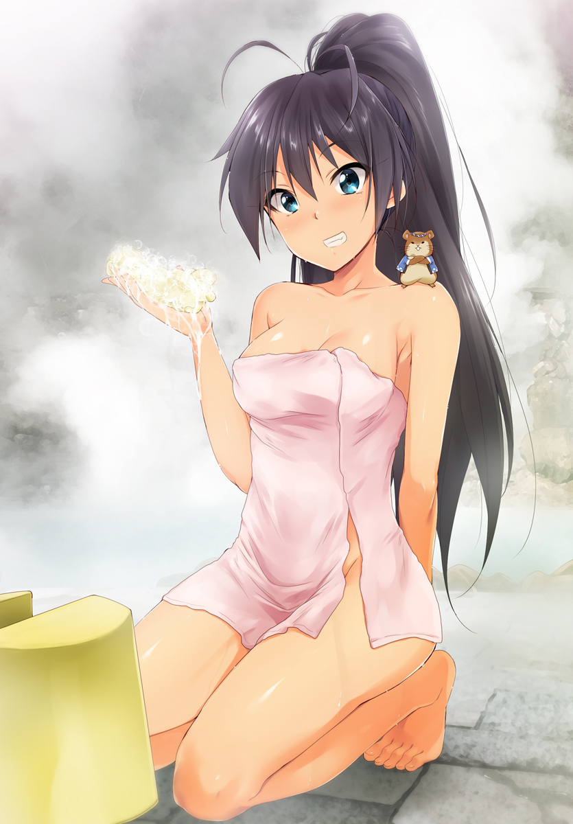 1girl, animal, antenna_hair, arm_behind_back, barefoot, black_hair, blue_eyes, breasts