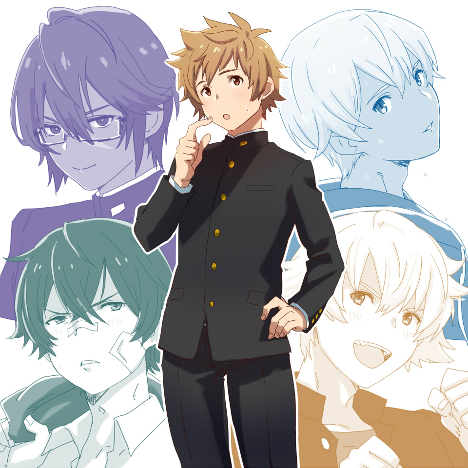 5boys, :o, @@@, ayer, bandage_on_face, bespectacled, blush, brown_eyes