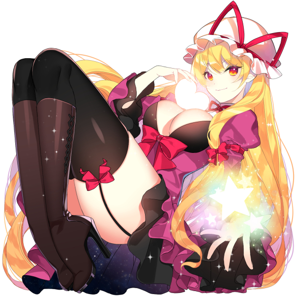 1girl, black_legwear, blonde_hair, boots, bow, breasts, brown_footwear, cleavage