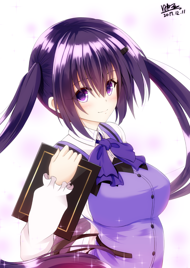 1girl, blouse, blush, bow, bowtie, breasts, dated, gochuumon_wa_usagi_desu_ka?, gradient, gradient_background, hair_ornament, hairclip, hinata_tino, holding, large_breasts, long_skirt, looking_at_viewer, menu, purple_blouse, purple_hair, rabbit_house_uniform, shiny, shirt, skirt, smile, solo, tedeza_rize, twintails, upper_body, violet_eyes, waitress, white_shirt