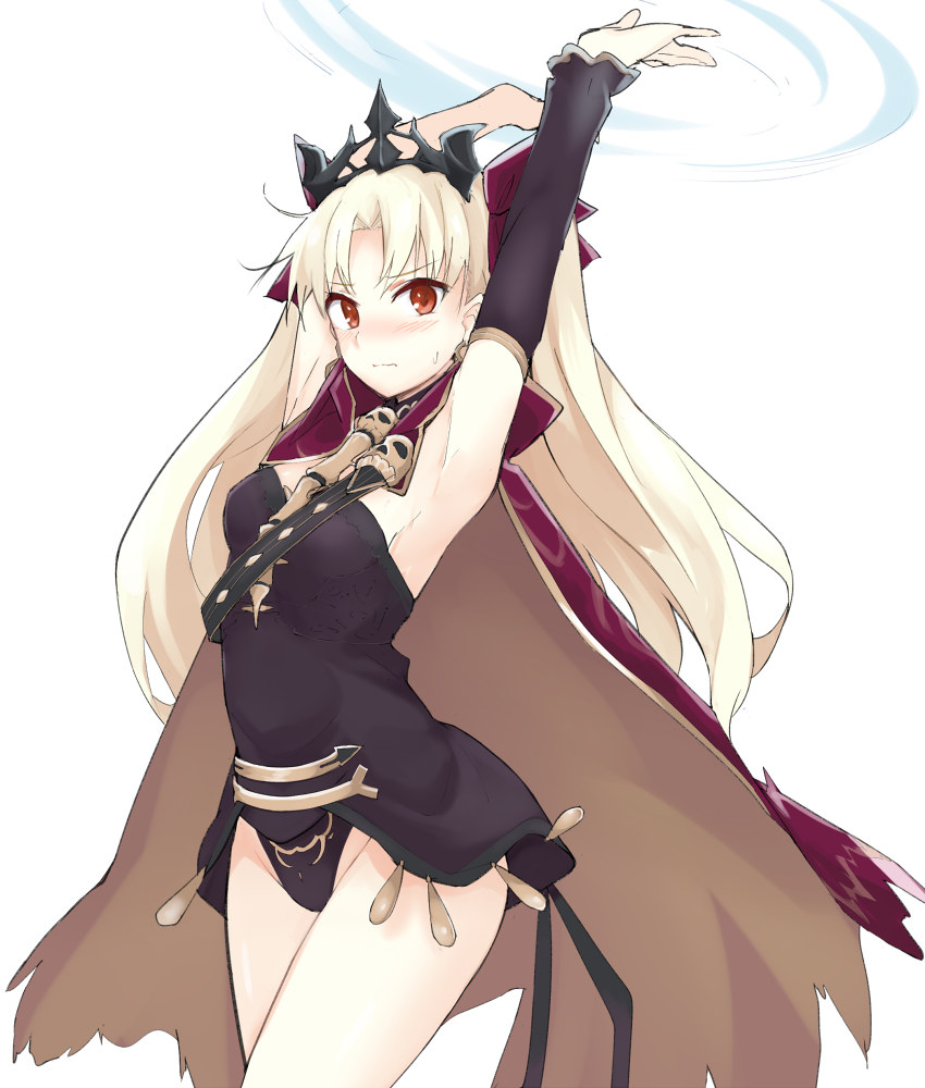 >:(, 1boy, armpits, arms_up, bangs, black_leotard, blonde_hair, blush