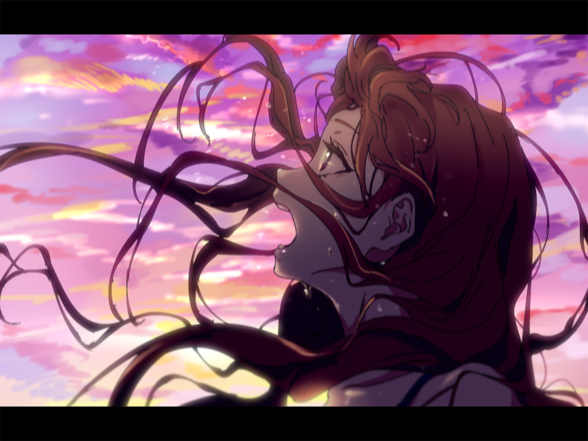 1girl, aikatsu!, brown_hair, clouds, cloudy_sky, dripping, floating_hair, flying_sweatdrops