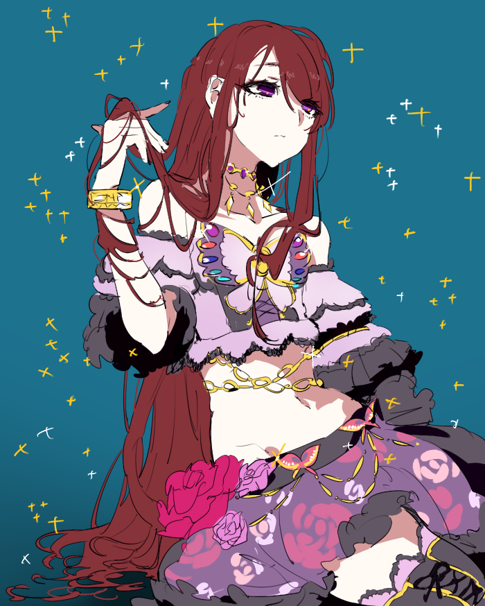 1girl, aikatsu!, aqua_background, bare_shoulders, boots, bracelet, brown_hair, cowboy_shot