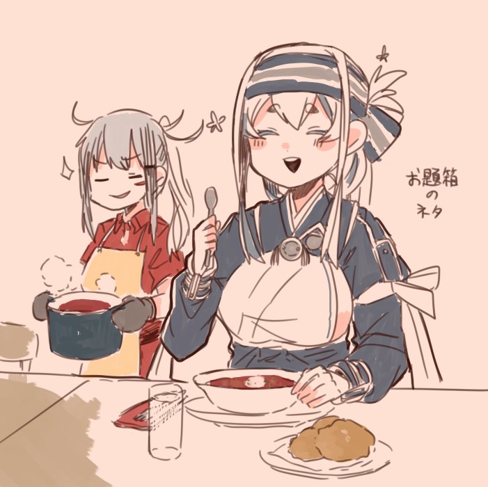 2girls, ainu_clothes, apron, belt, black_gloves, blue_hair, blush, borscht_(food)