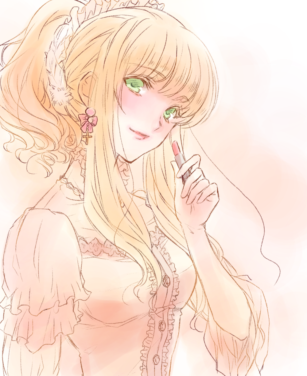 1girl, blonde_hair, blue_eyes, blush, cross, cross_earrings, earrings, elisabeth_von_wettin, green_eyes, highres, jewelry, lipstick, lipstick_tube, long_hair, looking_at_viewer, makeup, marchen, ponytail, shishiyon, sidelocks, smile, solo, sound_horizon