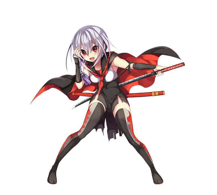 1girl, bent_over, cape, dango, dango_earrings, earrings, fang, food, hacchou_nenbutsu, jewelry, looking_at_viewer, nekoboshi_sakko, official_art, red_eyes, sailor_collar, sanshoku_dango, scabbard, sheath, solo, sword, tabi, tenka_hyakken, thigh-highs, transparent_background, wagashi, weapon, wide_stance