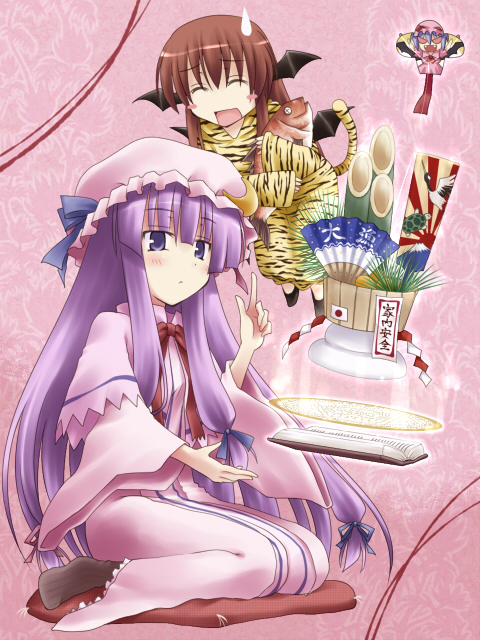 2girls, :<, :d, ^_^, alternate_costume, animal_costume, animal_print, bamboo