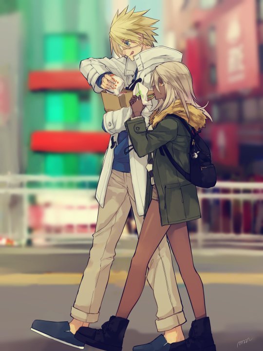 1boy, 1girl, blonde_hair, blue_eyes, casual, city, couple, food