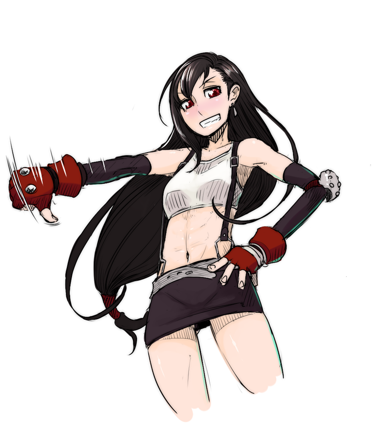 1girl, breasts, chocolate_hair, commentary_request, earrings, elbow_gloves, final_fantasy, final_fantasy_vii