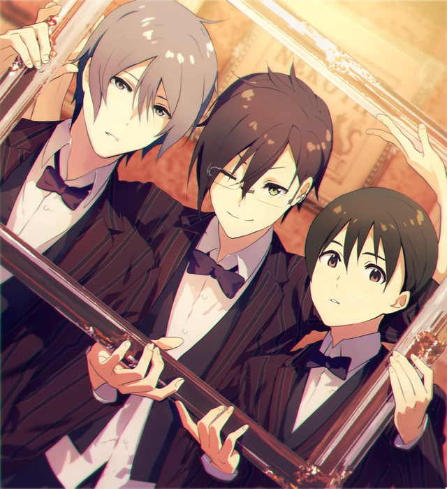 3boys, black_hair, brown_eyes, ear_piercing, expressionless, formal, frame, fuyumi_jun