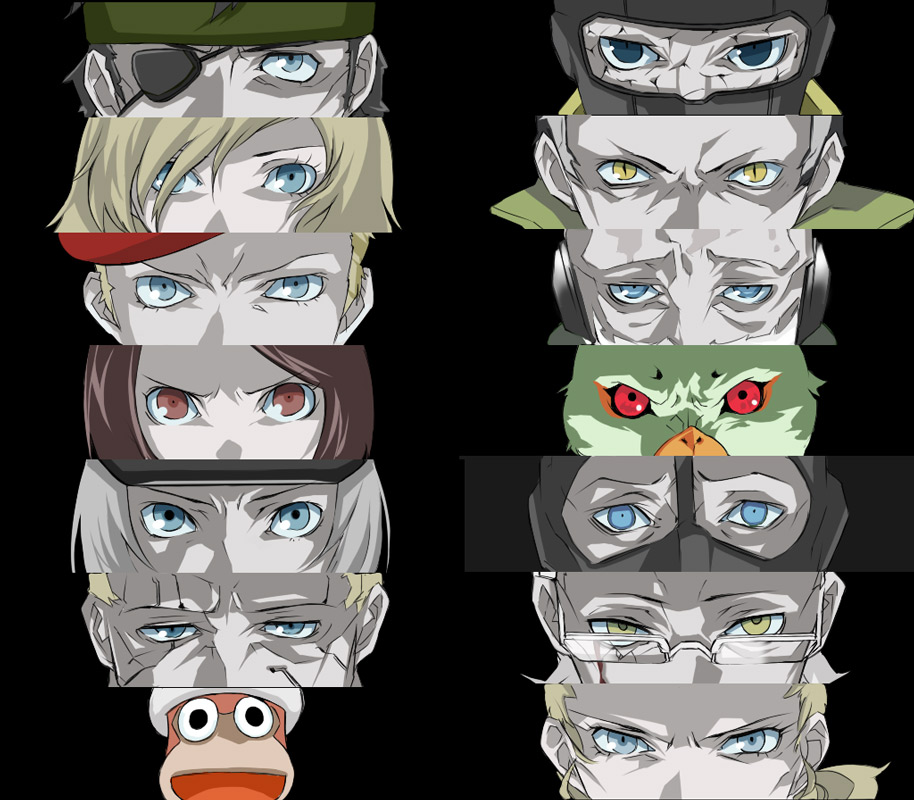 bird, blue_eyes, brown_eyes, brown_hair, column_lineup, eva, eyepatch, glasses