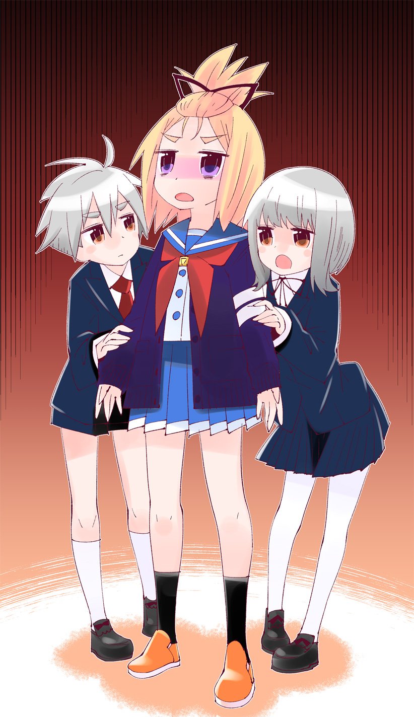 1boy, 2girls, ahoge, bangs_pinned_back, blonde_hair, brother_and_sister, brown_eyes, cardigan