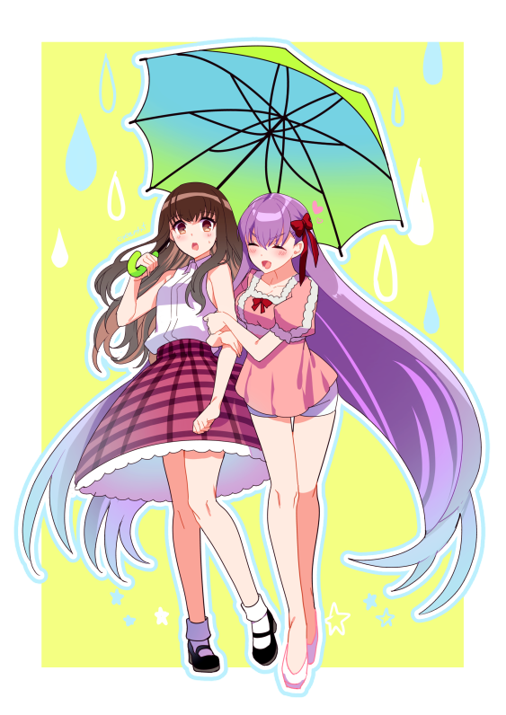 2girls, absurdly_long_hair, alpha_(eren_mfmf), arm_hug, bb_(fate/extra_ccc), blush, bow, brown_eyes, brown_hair, bubble_skirt, fate/extra, fate/extra_ccc, fate_(series), hair_bow, heart, holding, holding_umbrella, kishinami_hakuno_(female), long_hair, multiple_girls, open_mouth, open_toe_shoes, purple_hair, red_bow, shirt, skirt, sleeveless, sleeveless_shirt, umbrella, very_long_hair, water_drop, white_shirt, yuri