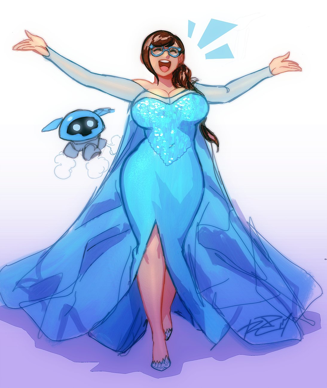 1girl, ^_^, alternate_hairstyle, blue-framed_eyewear, blue_dress, breasts, cleavage, closed_eyes