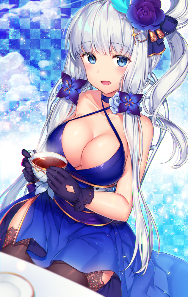 1girl, :d, alternate_costume, azur_lane, bangs, bare_arms, bare_shoulders, bell