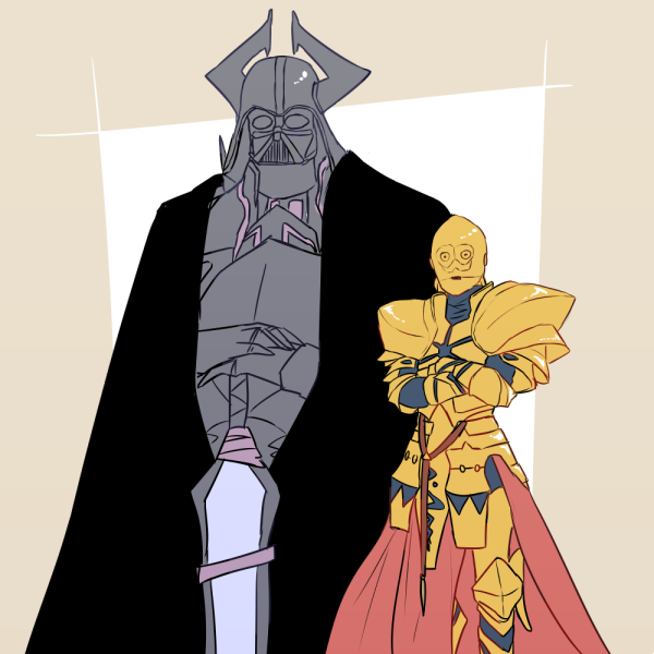 2boys, black_cape, c-3po, c-3po_(cosplay), cape, cosplay, crossed_arms, darth_vader