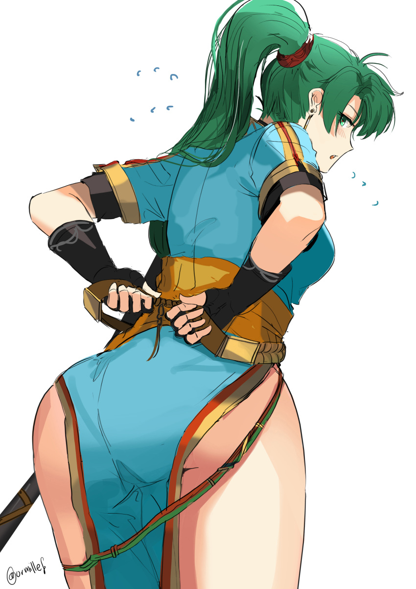 1girl, :o, absurdres, adjusting_clothes, ass, black_gloves, blue_dress, blush