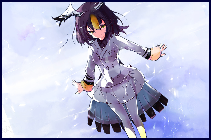 1girl, black_hair, blonde_hair, feathered_wings, horoyoi_kitsune, kemono_friends, long_hair, multicolored_hair
