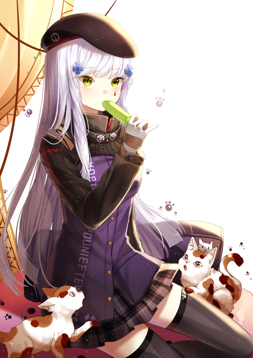 1girl, :o, animal, bag, bangs, beret, black_hat, black_legwear