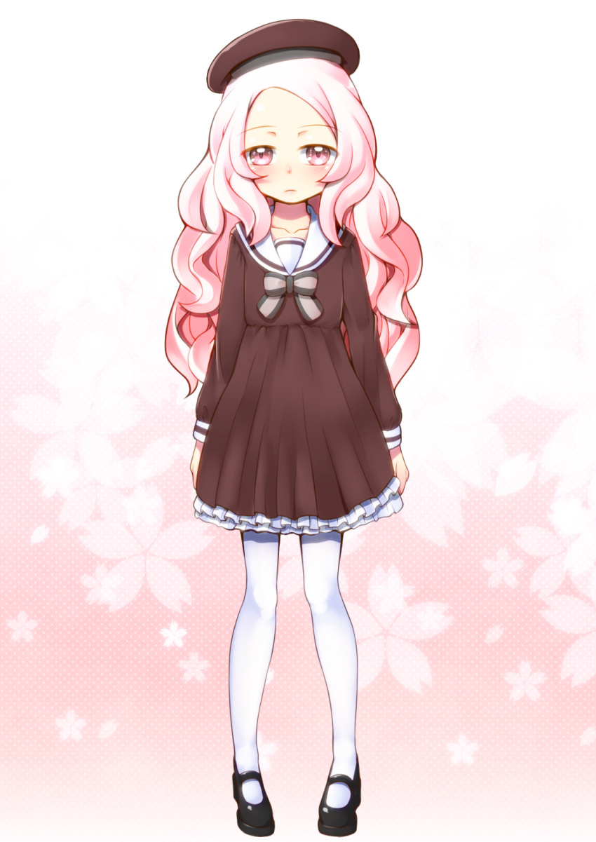 1girl, amamori_(gokusaishiki_matenrou), arms_at_side, black_footwear, blush, brown_dress, brown_hat, collarbone