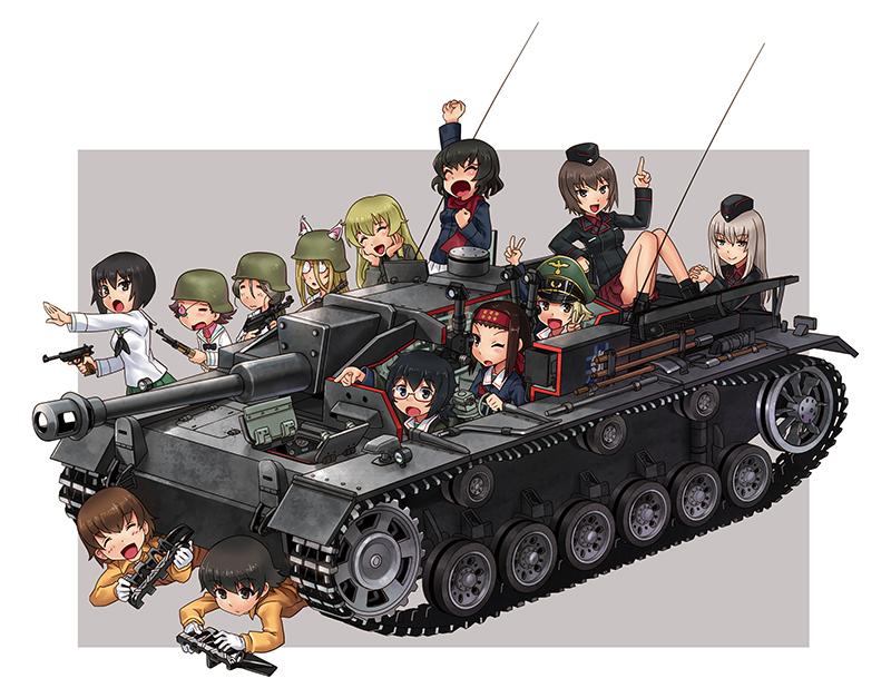 6+girls, ankle_boots, anzio_military_uniform, bangs, black_footwear, black_hair, black_hat, black_jacket
