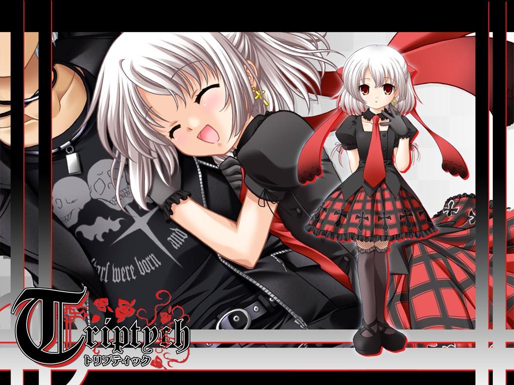 brown_eyes, gothic, gothic_lolita, laughing, lolita_fashion, natuya, nayuta, nayuta_(triptych), necktie, nimura_yuuji, plaid, plaid_skirt, punk, ribbon, riona, silver_hair, skirt, tartan, thighhighs, triptych, wallpaper