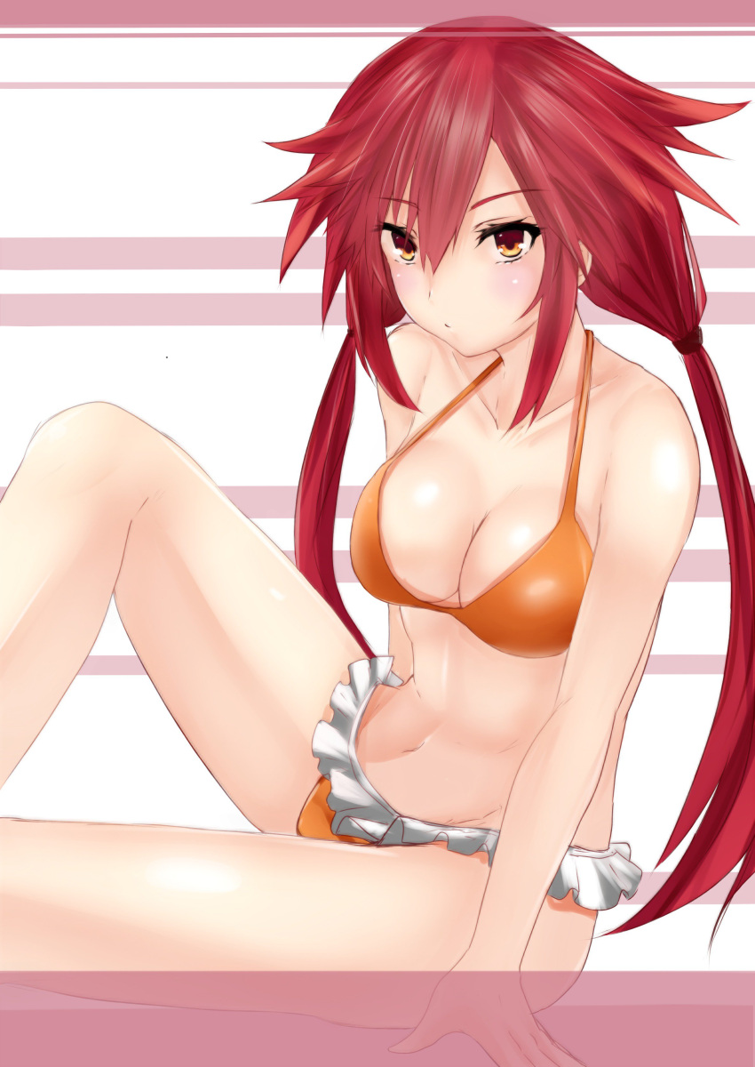 1girl, absurdres, bare_shoulders, bikini, blush, breasts, cleavage, frilled_bikini