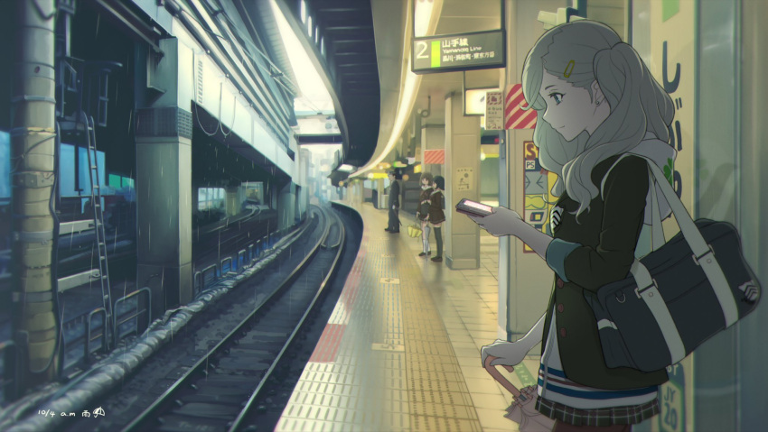 5114ave, bag, cellphone, earrings, hair_ornament, hairclip, highres, jewelry, megami_tensei, persona, persona_5, phone, rain, shin_megami_tensei, shuujin_academy_uniform, smartphone, stud_earrings, takamaki_anne, train_station, twintails, umbrella