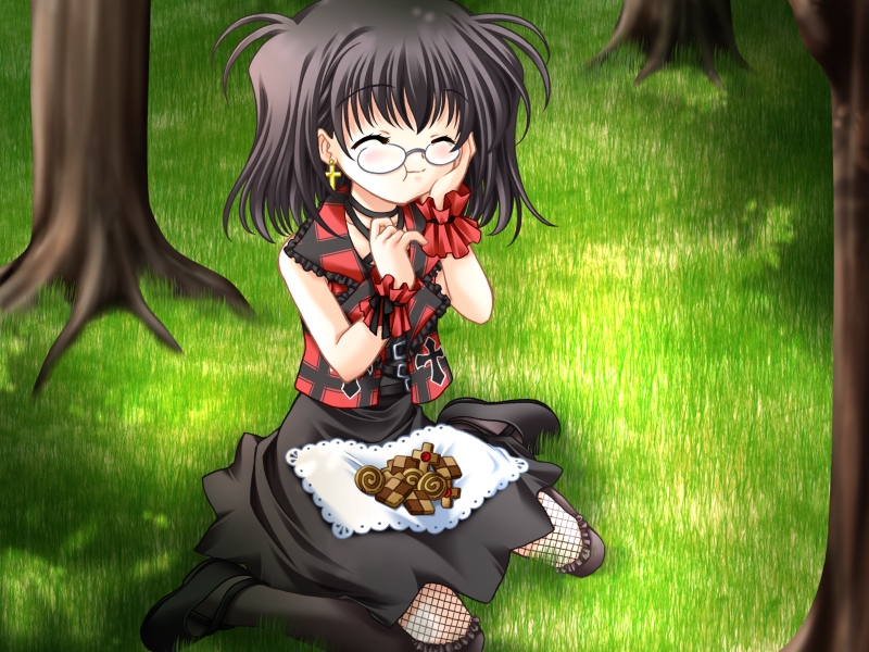 blush, closed_eyes, cookie, cross, dress, earrings, fishnets, game_cg