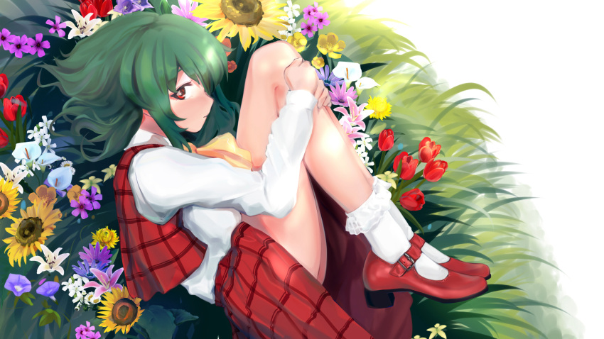 1girl, ascot, commentary_request, curled_up, fetal_position, flower, green_hair, highres