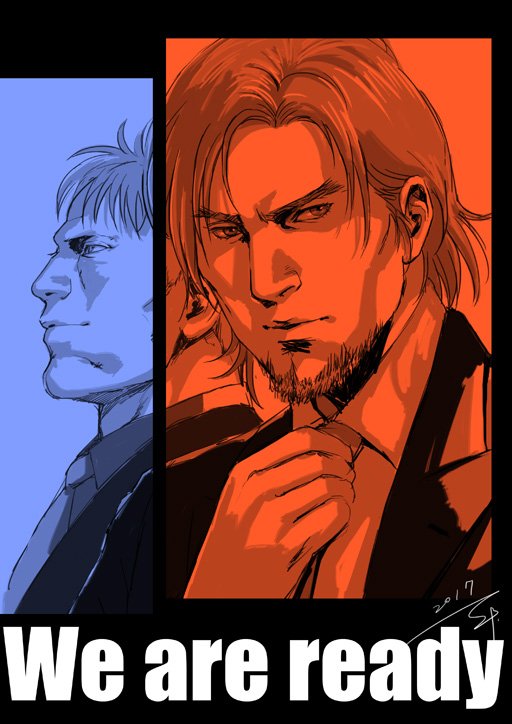 2boys, alternate_costume, arden_(fire_emblem), beard, closed_mouth, collared_shirt, dated, dorcas_(fire_emblem)