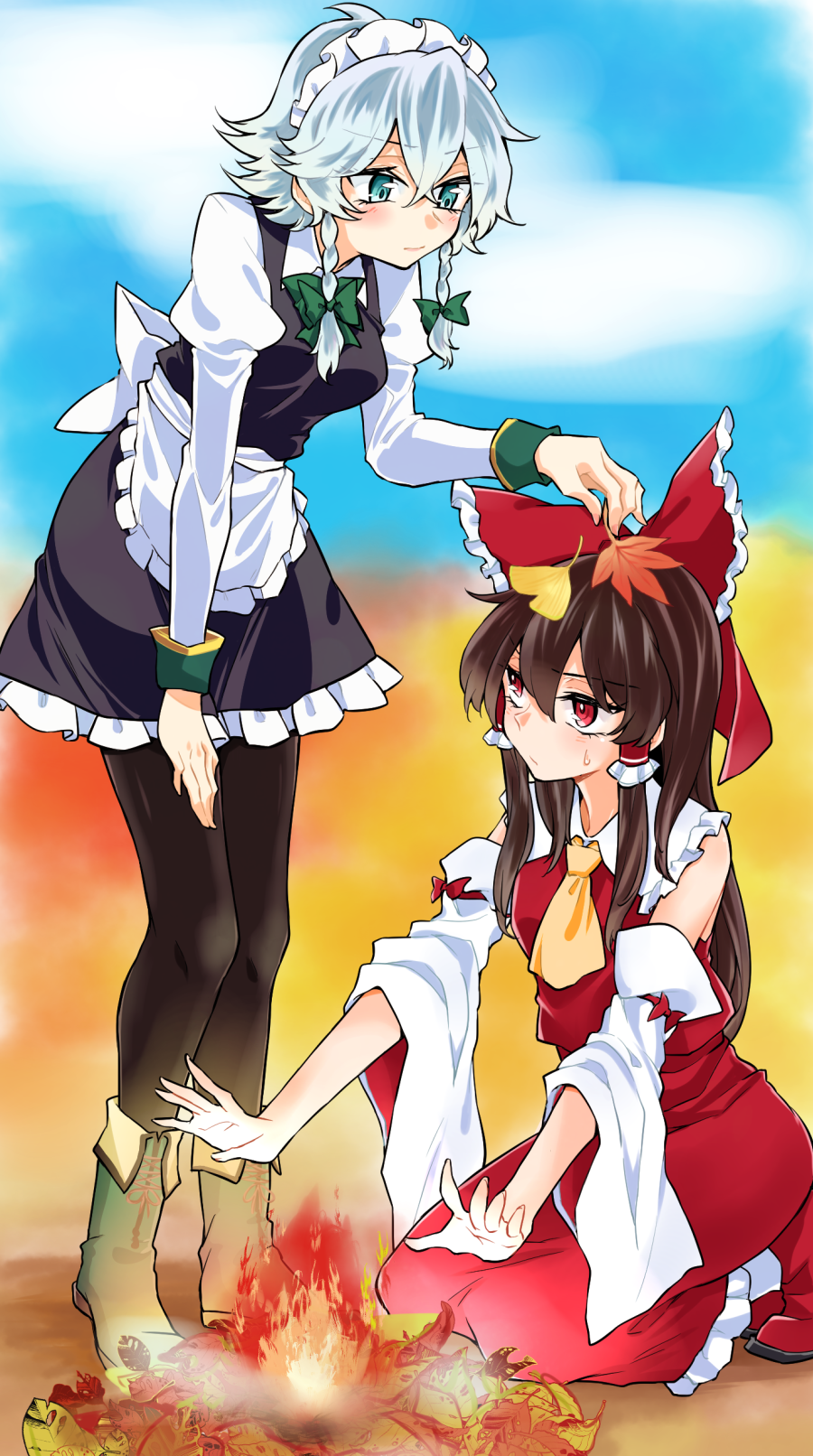 2girls, apron, ascot, autumn_leaves, blue_eyes, blue_hair, blush, boots