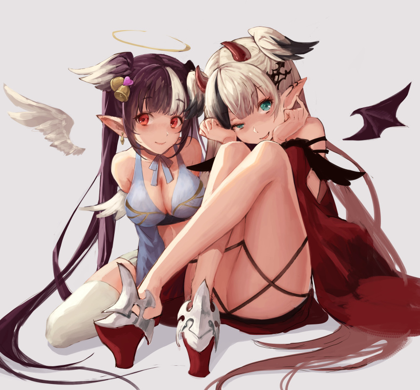 2girls, angel, angel_wings, aqua_eyes, ass, bare_shoulders, bell, black_hair