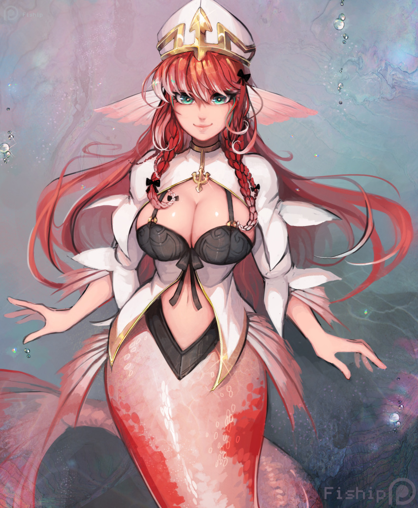 1girl, absurdres, afloat, alternate_color, alternate_hair_color, animal_ears, blue_eyes, breasts, bright_pupils, bubble, bustier, closed_mouth, commentary, fins, floating_hair, hair_between_eyes, hat, head_fins, highres, large_breasts, long_hair, long_sleeves, looking_at_viewer, matilda_vin, mermaid, monster_girl, monster_girl_encyclopedia, navel, patreon_logo, patreon_username, priestess, redhead, sea_bishop, smile, solo, underwater