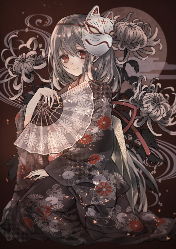 1girl, bangs, black_kimono, blurry, blush, closed_mouth, depth_of_field, embers