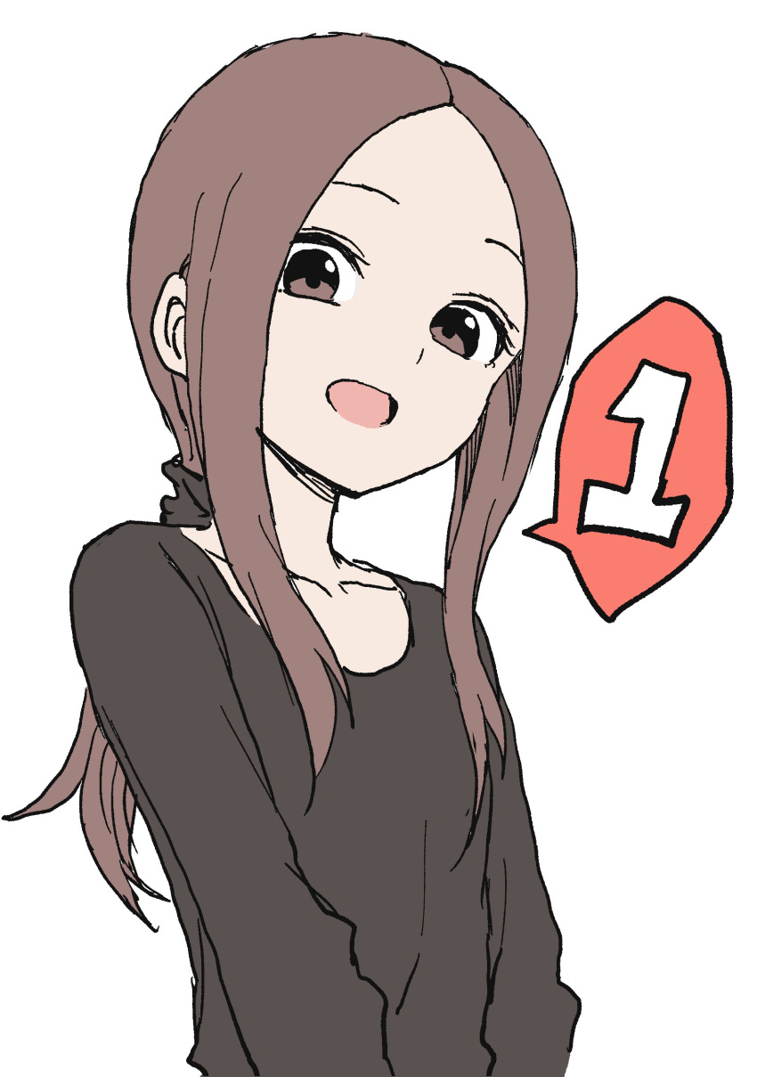 1girl, :d, absurdres, black_shirt, brown_eyes, brown_hair, highres, karakai_jouzu_no_takagi-san