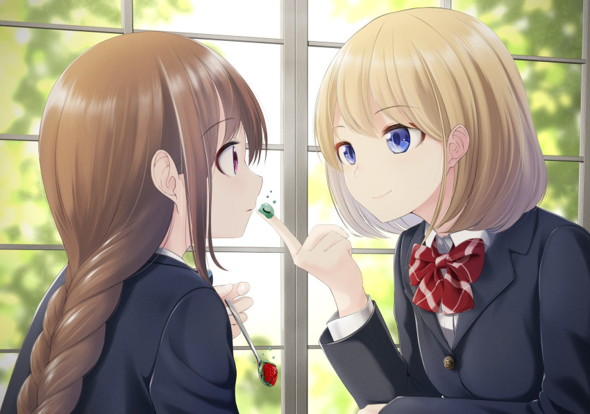 2girls, blue_eyes, blue_jacket, blurry, blurry_background, bob_cut, bow, bowtie