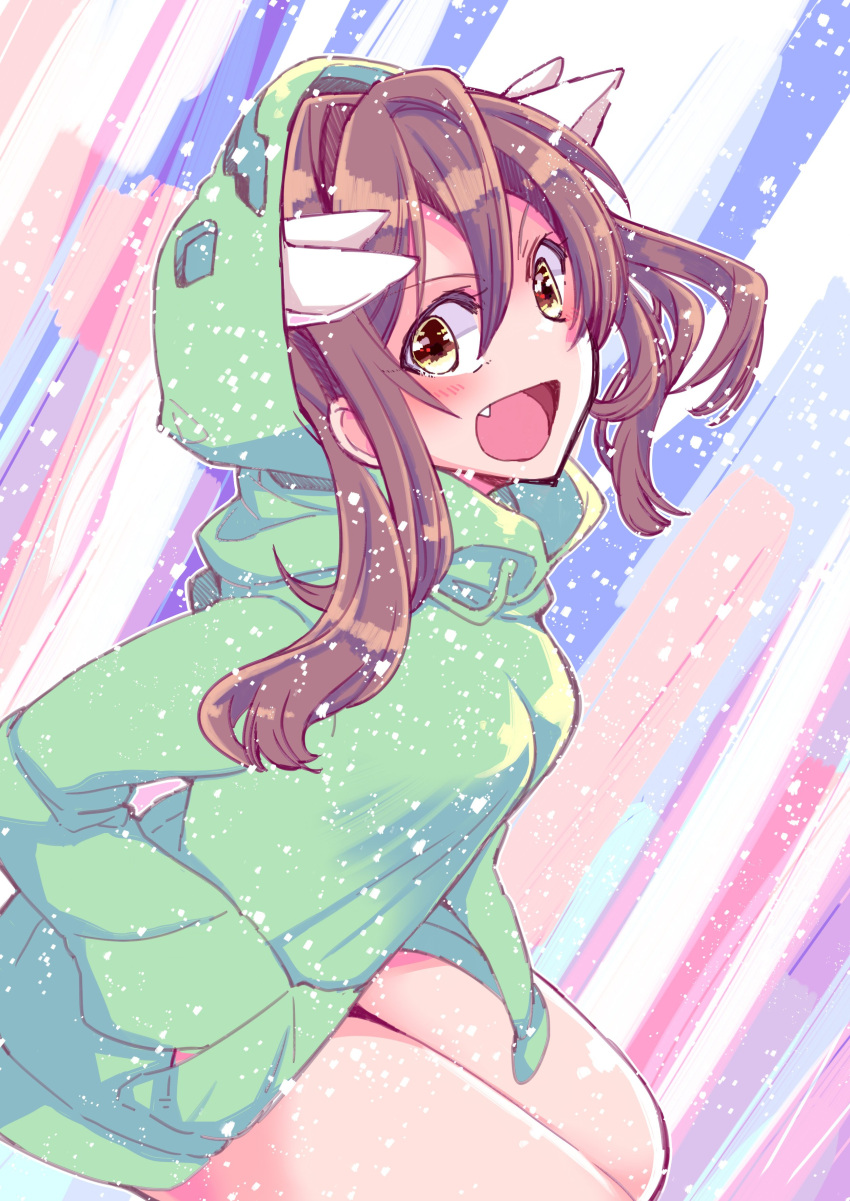 1girl, :d, absurdres, blush, brown_eyes, brown_hair, commentary_request, cosplay