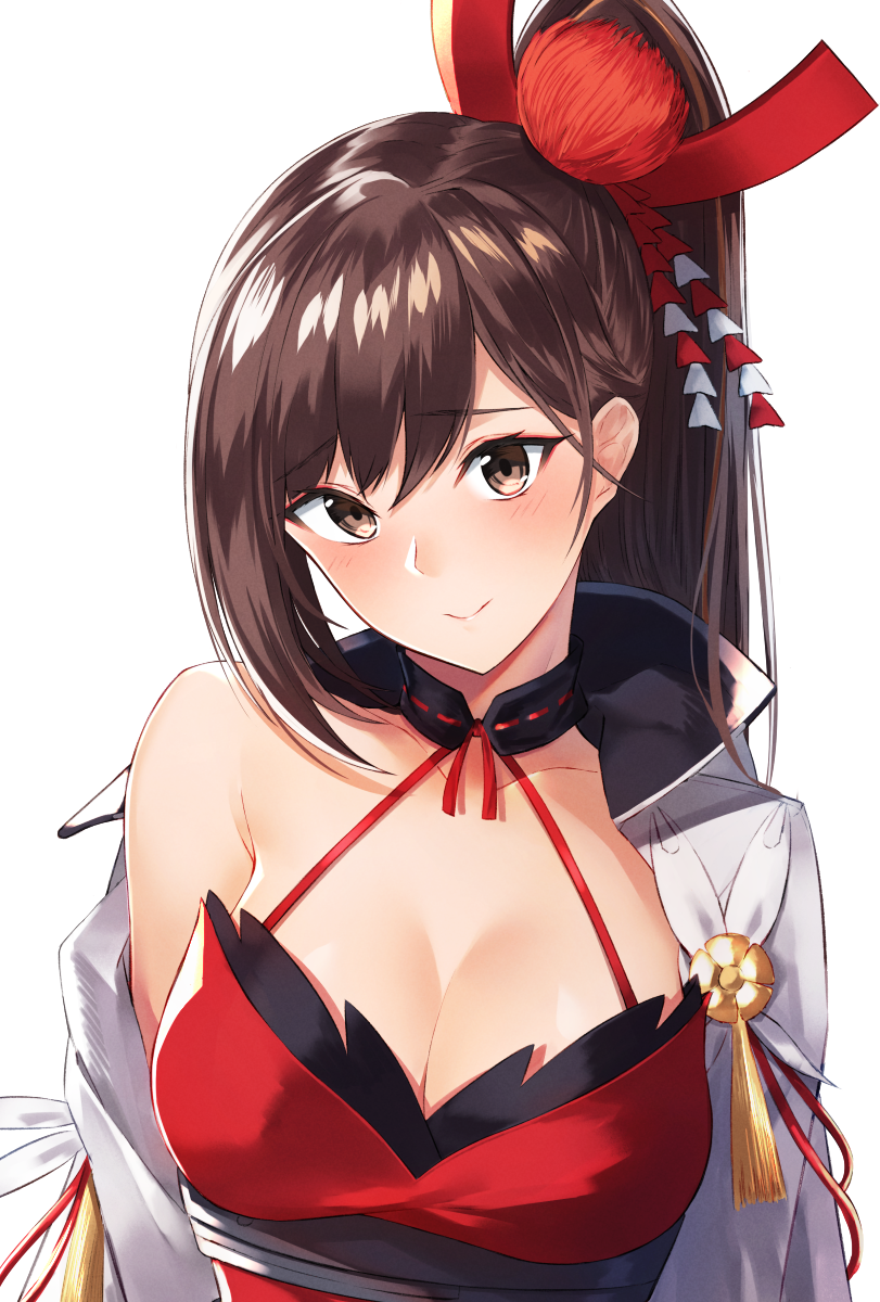 1girl, azur_lane, bangs, blush, breasts, brown_eyes, brown_hair, cleavage, closed_mouth, commentary_request, cowboy_shot, dress, eyebrows_visible_through_hair, gen_(gen_7254), hair_ornament, highres, japanese_clothes, large_breasts, long_hair, looking_at_viewer, ponytail, smile, solo, upper_body, very_long_hair, wide_sleeves, zuikaku_(azur_lane)