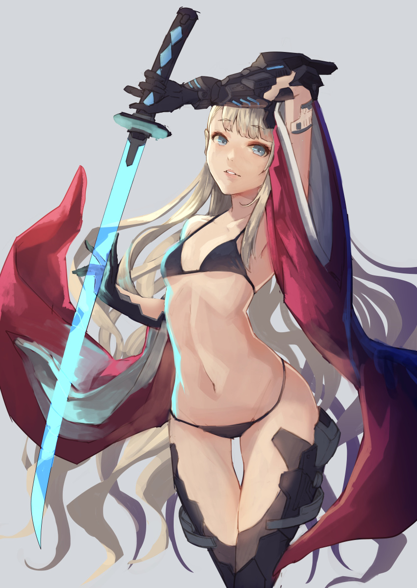 1girl, absurdres, arm_up, armor, armored_boots, armpits, bangs, bikini