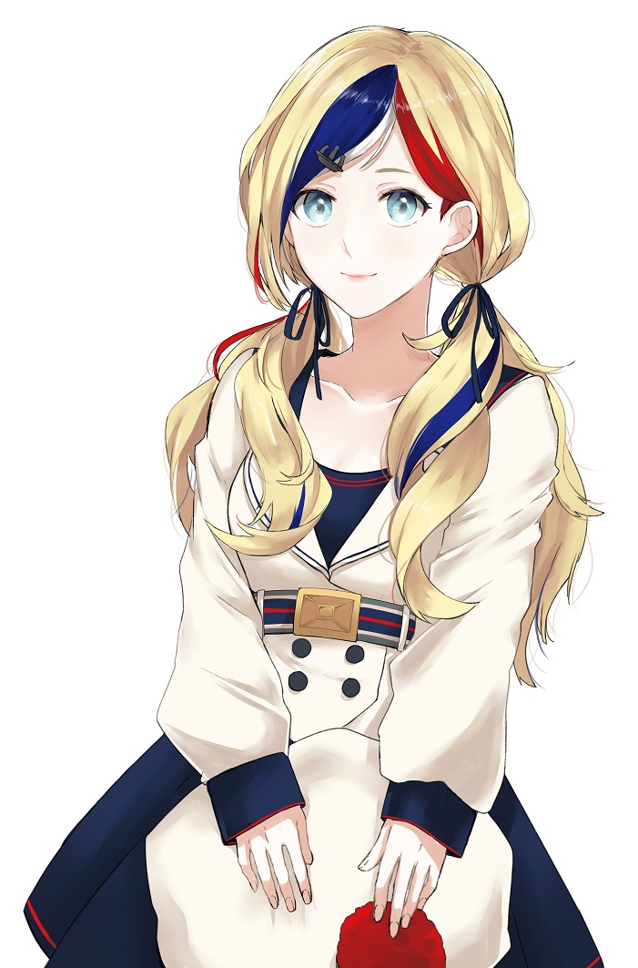 1girl, alternate_hairstyle, beret, black_ribbon, black_skirt, blonde_hair, blue_eyes, blue_hair