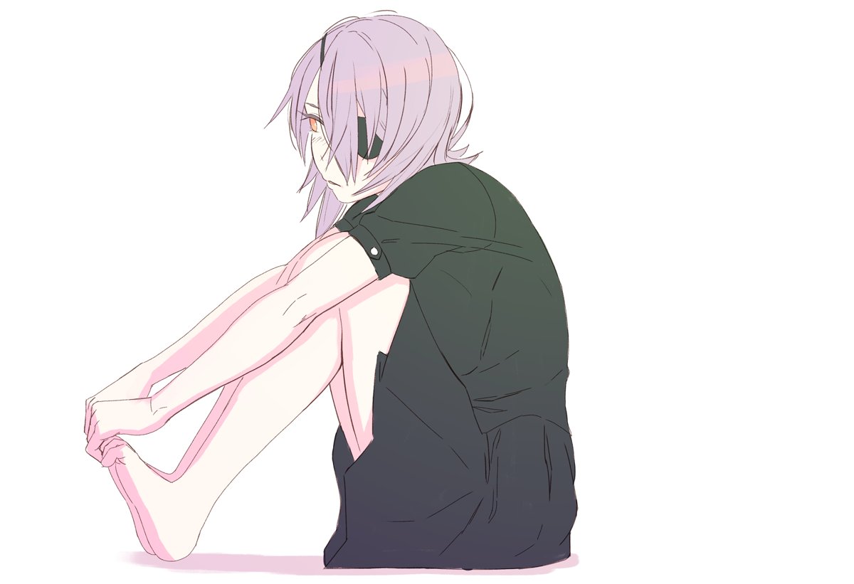 1girl, barefoot, black_dress, dress, eyepatch, from_side, full_body, holding_feet